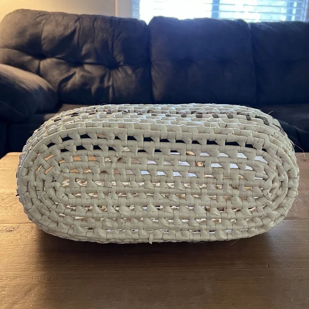 Woven Basket Shoulder Bag Cream Brown Boho Coastal Summer Tote Purse